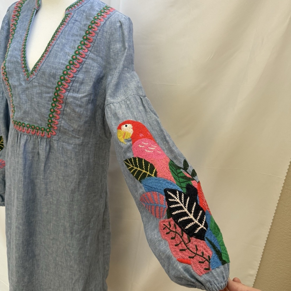 Boden Leonie Parrot Embroidered Linen Dress Blue Women's Resort Vacation 10R - Picture 4 of 15